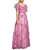 Color:Pink - Image 3 - Floral Print Short Sleeve Illusion Corset Ruffle Ball Gown