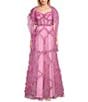 Color:Pink - Image 4 - Floral Print Short Sleeve Illusion Corset Ruffle Ball Gown