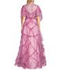 Color:Pink - Image 5 - Floral Print Short Sleeve Illusion Corset Ruffle Ball Gown