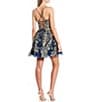 Color:Navy/Gold - Image 2 - Glitter Embroidered Lace-Up Back Fit-And-Flare Dress