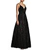 Color:Black - Image 3 - Glitter Mesh Deep V-Neck Low Back Ball Gown