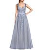 Color:Dusty Blue - Image 1 - Mesh Strap Beaded Floral Applique Corset Ball Gown