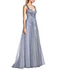 Color:Dusty Blue - Image 3 - Mesh Strap Beaded Floral Applique Corset Ball Gown