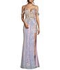 Color:Lilac - Image 1 - Off-The-Shoulder Illusion Corset Sequin Side Slit Long Dress