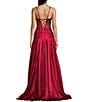 Coya Collection Satin Sweetheart Neck Beaded Stone Illusion Corset Bodice Front Slit A-Line Dress, Color:Burgundy - Image 2