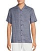 Color:Peacoat Blue - Image 1 - Blue Label French Linen Collection Printed Short Sleeve Woven Camp Shirt