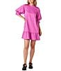 CROSBY by Mollie Burch Brixton Taffeta Mock Neck Short Balloon Sleeve Side Pocket Ruffle Shift Above the Knee Dress, Color:Super Pink - Image 1