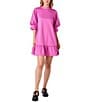 CROSBY by Mollie Burch Brixton Taffeta Mock Neck Short Balloon Sleeve Side Pocket Ruffle Shift Above the Knee Dress, Color:Super Pink - Image 3