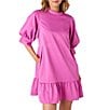 CROSBY by Mollie Burch Brixton Taffeta Mock Neck Short Balloon Sleeve Side Pocket Ruffle Shift Above the Knee Dress, Color:Super Pink - Image 4