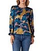 CROSBY by Mollie Burch James Crepe de Chine Floral Jewel Neck Long Balloon Sleeve Ruffle Cuff Back Keyhole Blouse, Color:Marigold - Image 1