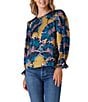 CROSBY by Mollie Burch James Crepe de Chine Floral Jewel Neck Long Balloon Sleeve Ruffle Cuff Back Keyhole Blouse, Color:Marigold - Image 3