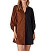 CROSBY by Mollie Burch Liv Color Block Split Round Neck 3/4 Sleeve Button Front Mini Shirt Dress, Color:Brown/Black - Image 3