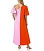 CROSBY by Mollie Burch Lovett Colorblock Asymmetrical Neckline Short Puff Sleeve Linen Maxi Dress, Color:Pink Colorblock - Image 2