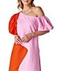 CROSBY by Mollie Burch Lovett Colorblock Asymmetrical Neckline Short Puff Sleeve Linen Maxi Dress, Color:Pink Colorblock - Image 4