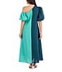 CROSBY by Mollie Burch Lovett Colorblock Asymmetrical Neckline Short Puff Sleeve Linen Maxi Dress, Color:Teal Colorblock - Image 2