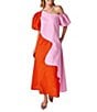 CROSBY by Mollie Burch Lovett Colorblock Asymmetrical Neckline Short Puff Sleeve Linen Maxi Dress, Color:Pink Colorblock - Image 1