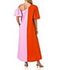 CROSBY by Mollie Burch Lovett Colorblock Asymmetrical Neckline Short Puff Sleeve Linen Maxi Dress, Color:Pink Colorblock - Image 2