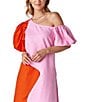CROSBY by Mollie Burch Lovett Colorblock Asymmetrical Neckline Short Puff Sleeve Linen Maxi Dress, Color:Pink Colorblock - Image 3