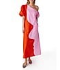 CROSBY by Mollie Burch Lovett Colorblock Asymmetrical Neckline Short Puff Sleeve Linen Maxi Dress, Color:Pink Colorblock - Image 4