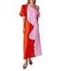 CROSBY by Mollie Burch Lovett Colorblock Asymmetrical Neckline Short Puff Sleeve Linen Maxi Dress, Color:Pink Colorblock - Image 3