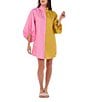 CROSBY by Mollie Burch Olive Colorblock High Ruffle Collar Long Sleeve Button Front Shirt Dress, Color:Citron Colorblock - Image 3
