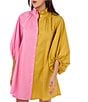 CROSBY by Mollie Burch Olive Colorblock High Ruffle Collar Long Sleeve Button Front Shirt Dress, Color:Citron Colorblock - Image 4