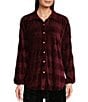 Color:Burgundy - Image 1 - Velvet Woven Print Point Collar Long Sleeve Ruched Button Front Top