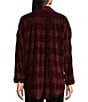 Color:Burgundy - Image 2 - Velvet Woven Print Point Collar Long Sleeve Ruched Button Front Top