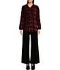 Color:Burgundy - Image 3 - Velvet Woven Print Point Collar Long Sleeve Ruched Button Front Top
