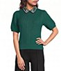 Current Air Cable Knit Point Collar Short Sleeve Sweater Top - Image 1