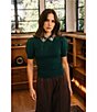 Current Air Cable Knit Point Collar Short Sleeve Sweater Top - Image 5
