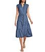 Current Air Chambray Tencel Collared V-Neck Cap Sleeve Belted Button Front Midi Shirt Dress - Image 1