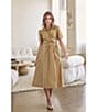 Current Air Contrast Trim Point Collar Tulip Sleeve Twist Front Midi Dress, Color:Camel - Image 4
