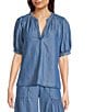 Current Air Coordinating Chambray V-Neck Short Sleeve Pullover Blouse, Color:Chambray - Image 4