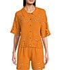 Current Air Coordinating Crochet Collared Elbow Sleeve Button Front Shirt, Color:Burnt Orange - Image 1