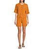 Current Air Coordinating Crochet Collared Elbow Sleeve Button Front Shirt, Color:Burnt Orange - Image 3