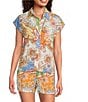 Current Air Coordinating Patchwork Point Collar Cap Sleeve Button Front Shirt, Color:Multi - Image 1
