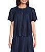 Current Air Coordinating Pleated Eyelet Round Keyhole Neck Short Sleeve Top, Color:Navy - Image 1