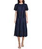 Current Air Coordinating Pleated Eyelet Round Keyhole Neck Short Sleeve Top, Color:Navy - Image 3