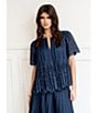 Current Air Coordinating Pleated Eyelet Round Keyhole Neck Short Sleeve Top, Color:Navy - Image 5