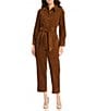 Current Air Corduroy Point Collar Long Sleeve Tie Waist Button Front Jumpsuit, Color:Brown - Image 1