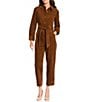 Current Air Corduroy Point Collar Long Sleeve Tie Waist Button Front Jumpsuit, Color:Brown - Image 3