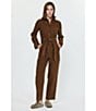 Current Air Corduroy Point Collar Long Sleeve Tie Waist Button Front Jumpsuit, Color:Brown - Image 8