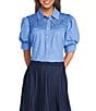 Current Air Cotton Poplin Lace Yoke Point Collar Puff Sleeve Button Front Shirt - Image 1