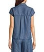 Current Air Coordinating Denim Point Collar Cap Sleeves Relaxed Fit Button Front Shirt, Color:Chambray - Image 2
