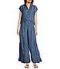 Current Air Coordinating Denim Point Collar Cap Sleeves Relaxed Fit Button Front Shirt, Color:Chambray - Image 3
