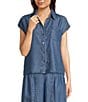 Current Air Coordinating Denim Point Collar Cap Sleeves Relaxed Fit Button Front Shirt, Color:Chambray - Image 4