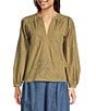 Current Air Eyelet Split Neck Long Sleeve Blouse, Color:Olive - Image 1