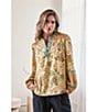 Current Air Floral Ruffled Split Collar Long Sleeve Blouse, Color:Taupe/Teal Multi - Image 5