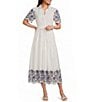 Current Air Poplin Collared Split V-Neck Short Sleeve Scalloped Embroidered A-Line Midi Dress - Image 1